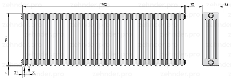 Схема (чертеж) Радиатор Zehnder Charleston 5090/37 №3370 Белый глянцевый RAL 9016